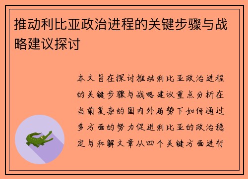推动利比亚政治进程的关键步骤与战略建议探讨